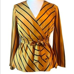 INC Macy's Wrap Blouse Mustard Yellow Black Stripes